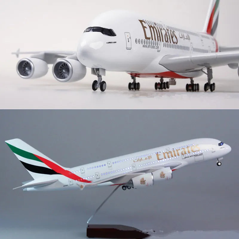 1:160 Scale Emirates A380 Airbus Diecast Model with LED Lights - 45cm