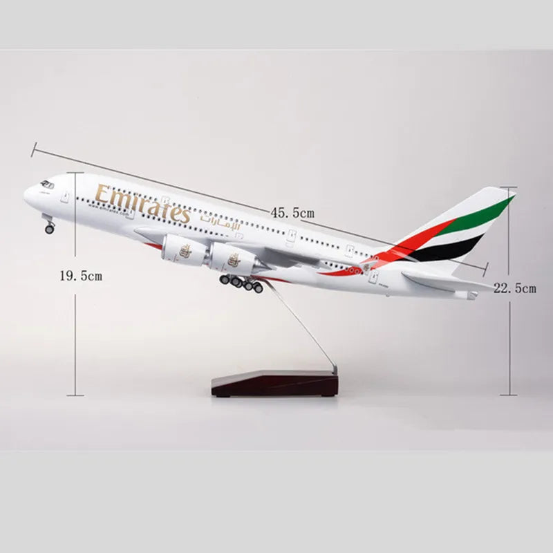 1:160 Scale Emirates A380 Airbus Diecast Model with LED Lights - 45cm